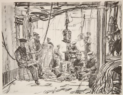 Matrozen op een slagschip maken munitie voor het leger, illustratie uit 