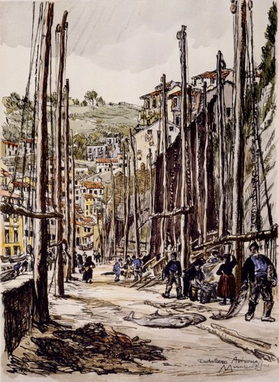 De tonijnvissers, Cudillero, Asturische kust door David Muirhead Bone