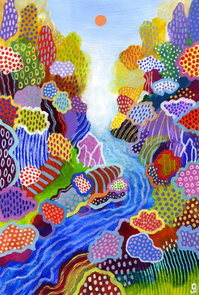 Drijvende wereld 3, 2023 (acryl en oliepastel op papier) door David Newton