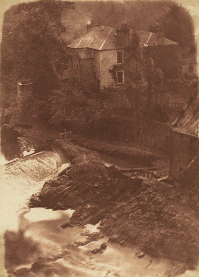 Colinton Manse en stuw, met een deel van de oude molen aan de rechterkant door David Octavius Hill and Robert Adamson
