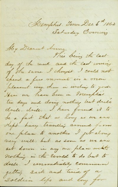 Brief van D. P. Grier, Memphis, Tenn., aan Anna McKinney, 6 december 1862 door David Perkins Grier