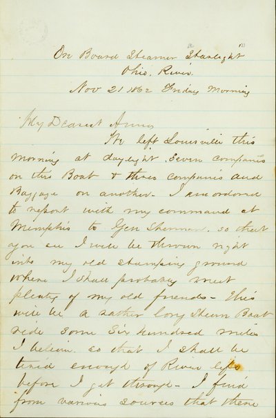 Brief van D. P. Grier, aan boord van Stoomboot Starlight, Ohio River, aan Anna McKinney, 21 november 1862 door David Perkins Grier