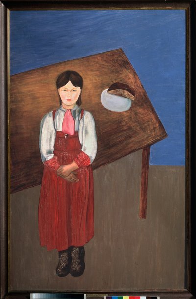 Aniska. (portret van een melancholisch meisje aan een tafel). door David Petrovich Sterenberg