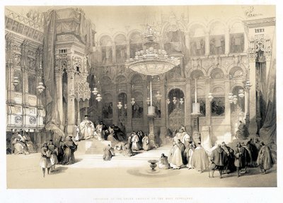 Interieur van de Kreekkerk van het Heilig Graf, tekening gemaakt 11/04/1839 in “Het Heilige Land”, Londen 1849 door David Roberts