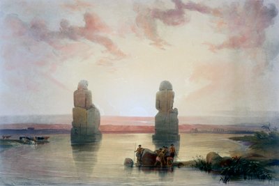De kolossen van Memnon, in Thebe, tijdens de overstroming, 19e eeuw door David Roberts
