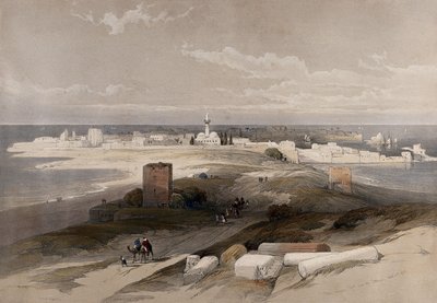 De oude stad Tyrus, gezien vanaf de landengte. Gekleurde lithografie door Louis Haghe naar een ontwerp van David Roberts, 1843. door David Roberts