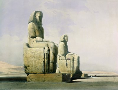 Thebe, 4 december 1838, detail van de kolossen van Memnon, plaat 12 uit Deel I van Egypte en Nubië, gegraveerd door Louis Haghe door David Roberts