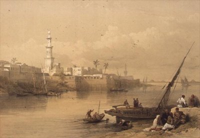 Uitzicht op de Nijl, veerboot naar Giza, uit "Egypte en Nubië", Vol.3 door David Roberts