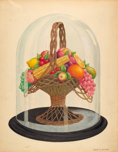 Ornament, wasfruit onder glazen stolp door David S. De Vault