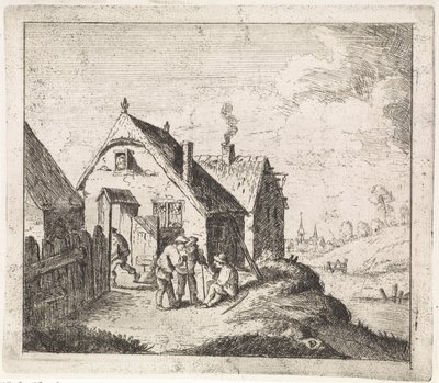 Drie mannen in gesprek bij een woning door David Teniers (II)