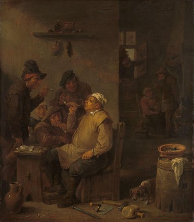 Metselaar die rookt met gezellen in een taverne door David Teniers (II)
