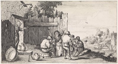 Vijf boeren rond een ton door David Teniers (II)