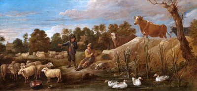 Landschap met twee herders, vee en eenden, 17e eeuw door David Teniers II