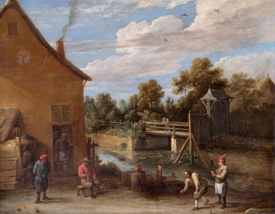 Boeren die kegelen voor een herberg aan een rivier, 17e eeuw door David Teniers II