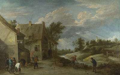 Boeren spelen kegelen buiten een dorpsherberg door David Teniers the Younger