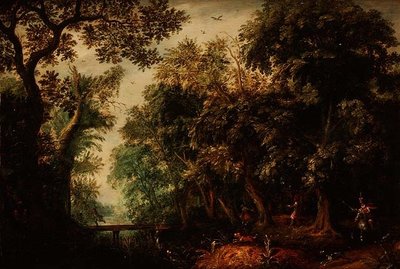 Een hertenjacht in een bos door David Vinckboons