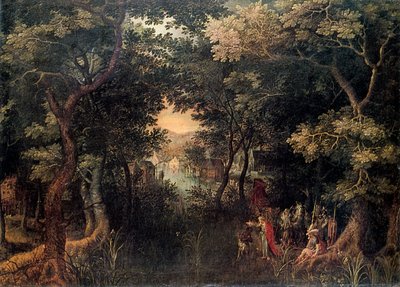 Landschap met de apostel Filippus die de eunuch doopt, 1590-1632 door David Vinckboons
