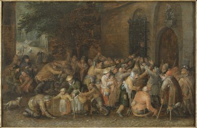 Het uitdelen van aalmoezen, ca. 1610 door David Vinckeboons