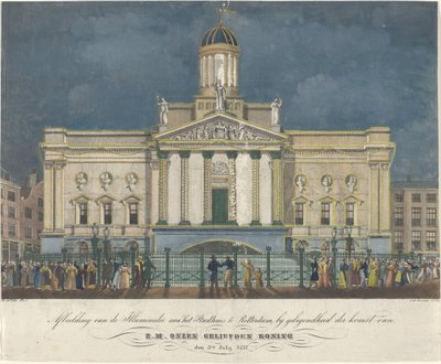 Afbeelding van de Illuminatie van het Stadhuis te Rotterdam, bij Gelegendheid der komst van Z.M. onzen geliefden koning den 3en July 1837 door David Welle