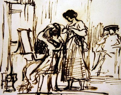 Een interieur met een vrouw die haar haar kamt door David Wilkie