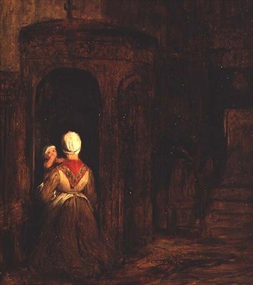 Vrouw met een baby knielend bij een biechtstoel door David Wilkie