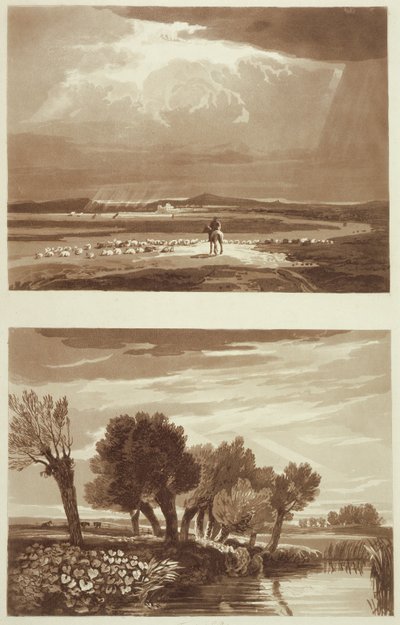 Een Effect na een storm... en Tijdelijk Effect, Uitzicht in Battersea Marsh, illustraties uit Een Verhandeling over Landschap en Effect in Waterkleuren, 1841 door David after Cox