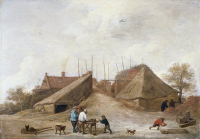 Een boerenerf met figuren rond een tafel door David Teniers the Younger