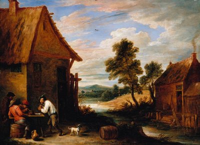 Een rivierlandschap met boeren buiten een herberg door David Teniers the Younger