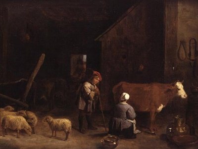 Een herdersjongen die met een melkmeisje praat in een koeienstal door David Teniers the Younger