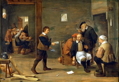 Een groep mannen die zich opwarmen voor een schoorsteen. Schilderij door David Teniers de Jonge (1610 - 1690) Milaan, Museo del castello. door David Teniers the Younger