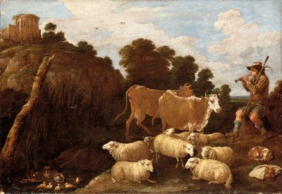 Een rivierlandschap met een herder die een pijp speelt met klassieke ruïnes op een heuveltop daarachter door David Teniers the Younger