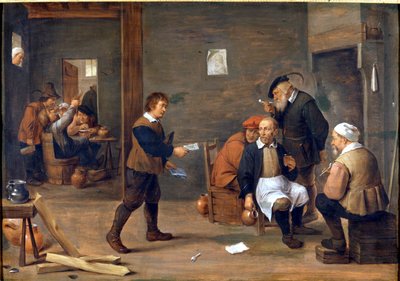 Mannen die zich opwarmen voor de open haard in een bistro door David Teniers the Younger
