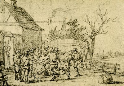 Boeren dansen voor een huis door David Teniers the Younger