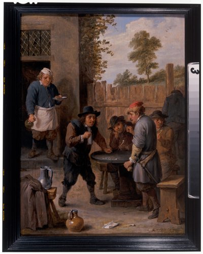 Boeren die dobbelstenen spelen buiten een herberg door David the Younger Teniers
