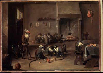 Apen in de keuken door David Teniers the Younger