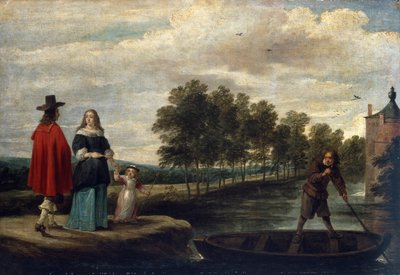 De Kunstenaar, zijn Vrouw en Kind bij de Gracht van zijn Landhuis, Perck door David Teniers the Younger