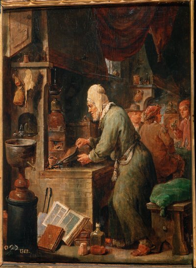 De alchemist (hout) door David the Younger Teniers