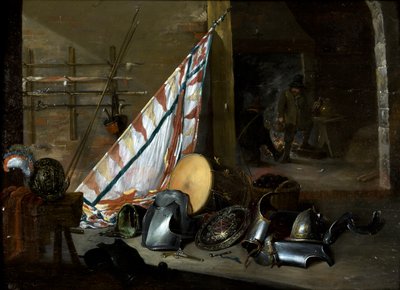 Interieur van een wapenrusting door David the Younger style of Teniers