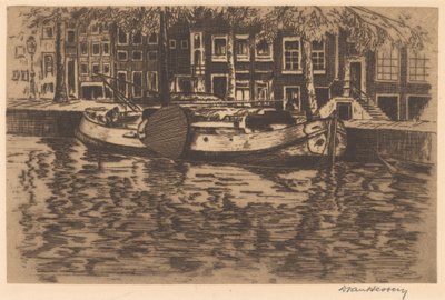 Gracht met aangemeerde zeilboot door David van Hessen (signed by artist)