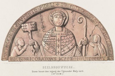Timpaan van Egmond: boogtrommel met Petrus, graaf Dirk VI van Holland en zijn moeder gravin Petronella, ca. 1120 door David van der Kellen