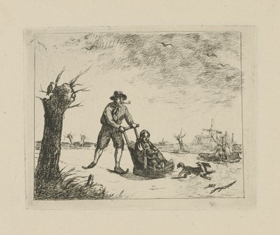 Winterlandschap met schaatser door David van der Kellen