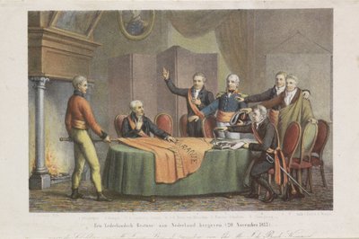 Aanvaarding van het Hoog Bewind door het Driemanschap in naam van de prins van Oranje, 21 november 1813 door David van der Kellen