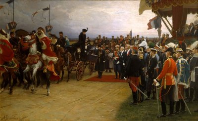 President Emile Loubet verwelkomt Tsaar Nicolaas II en Tsarina Alexandra bij de manoeuvres in Betheny door Dawant