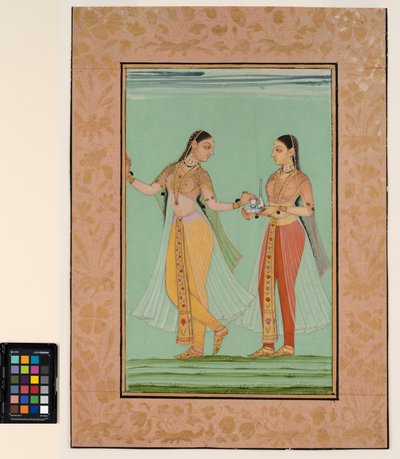 Een staande dame krijgt een dienblad aangeboden door haar dienstmeid, ca. 1670 door Deccani School