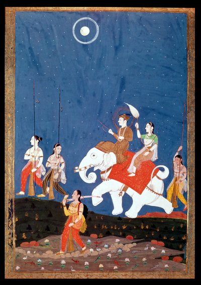 Een Indiase prins op een witte olifant, illustratie van de muzikale modus Deepak Raga, begin 19e eeuw door Deccani School