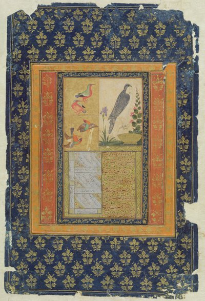 Vogelstudie en kalligrafie, Golconda, Andhra Pradesh, 1570 door Deccani School