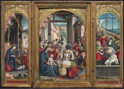 Drieluik met de Geboorte in het midden, rechts de Aanbidding der Wijzen, links de Graflegging van Christus, 1523 door Defendente Ferrari