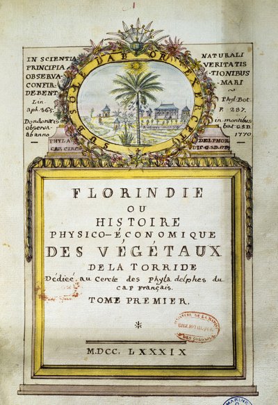 Frontispice van Florindie ou Historie physico-economique des vegetaux de la Torride door Delahaye Delahaye