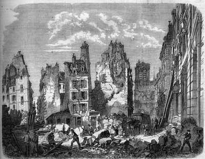 Transformaties van Parijs onder het Tweede Keizerrijk, Haussmann Parijs. Vernietiging van een deel van het Ile de la Cité voor de uitbreiding van het Hotel Dieu, gravure naar een tekening door Delannoy Delannoy