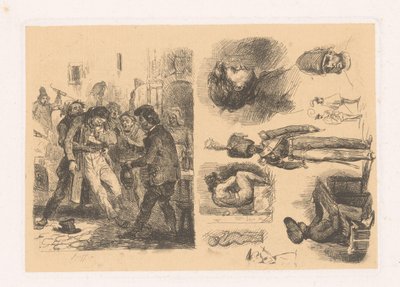 Groep mannen, ernaast een compositie met onder andere een soldaat door Denis Auguste Marie Raffet